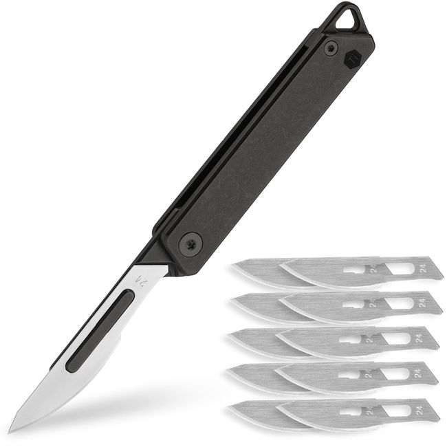 KeyUnity KK02BK Titanium Knife, Folding Knife, Small Folding Knife, EDC, Titanium Alloy, Opens with One Hand, Includes 24 Replacement Blades, Replaceable Blades, Outdoor Present, 2 Colors (PVD Black)