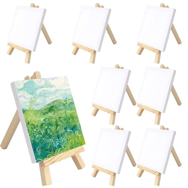 TOTSUN 8Pcs Mini Easel with Art Canvas, Wood Mini Easel Triangle Frame with 10x10cm Blank Canvas Wedding Table Card Stand Display Holder