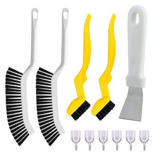 ZRUZUU 11 Stück Fugenbürste Set, 2X Fugenreinigungsbürste mit langem Griff 2X klein Reinigungsbürste 1x Spatel 6X Haken, Fugen Bürste, Ecken reinigungsbürste, Spaltbürste für Badezimmer/Küche/Fenster