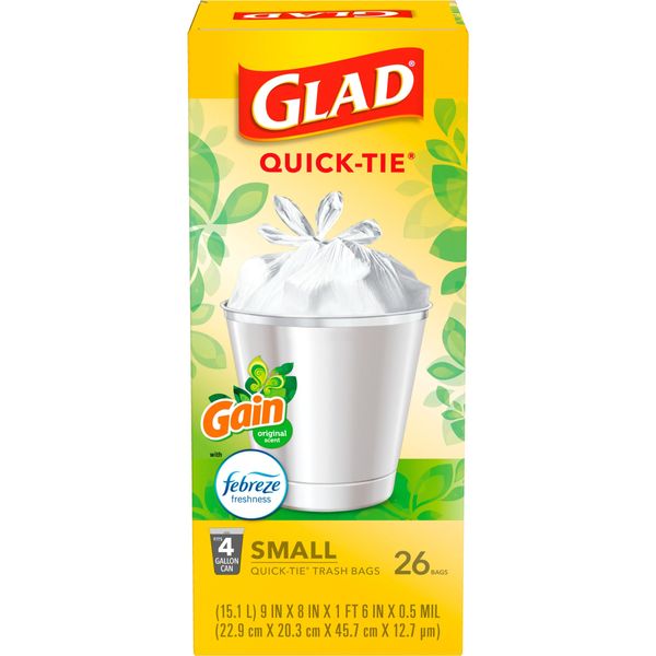 Glad OdorShield Small Trash Bags, Gain Original & Febreze, 4 Gal, 26 Count (Pack of 6) (Package May Vary)