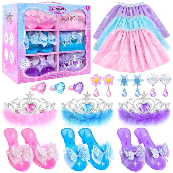 Princess Dress Up for Girls 4-6, Role Pretend Play Princess Costume Set with Princess Dresses, Shoes, Crowns, Jewelry, Princess Toys for 3 4 5 6 Year Old Girl Birthday Gift