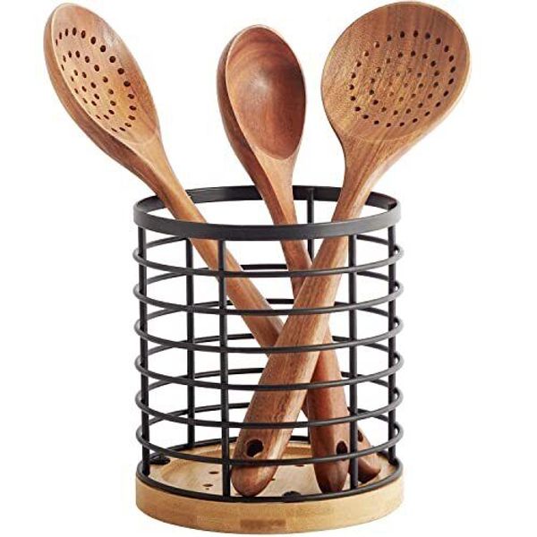 Utensil holder for Kitchen Counter - 5.2" x 5.2" x 6" Large Round Metal+Bamboo