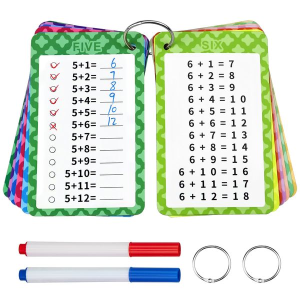 Catephe Addition Flashcards 0-12, 13 Pcs Addition Chart Math Flashcards, Addition Math Game, Times Table Flash Cards with 2 Dry Erase Markers and 2 Rings for 1st to 3rd Grades