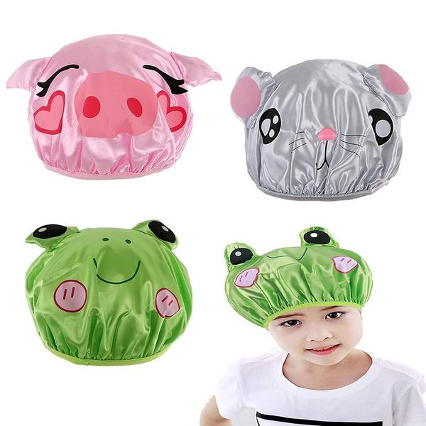 FineInno 3 Packs Kids Shower Cap, Cartoon Bath Caps Double Layer Waterproof Reusable, Frog, Pig, Mouse Shower Hat