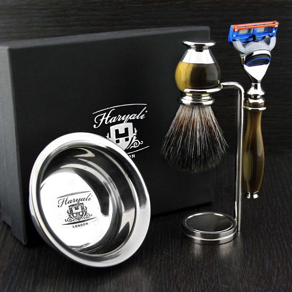 Haryali London 5 Edge Shaving Razor With Black Badger Hair Brush, Stand and Bowl Perfect Shaving Kit For Mens