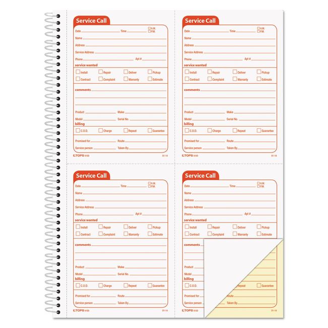 TOPS Service Call Correspondence Forms, 2-Part, Carbonless, 4 Message Sets per Page, 200 Sets per Pack (4100)