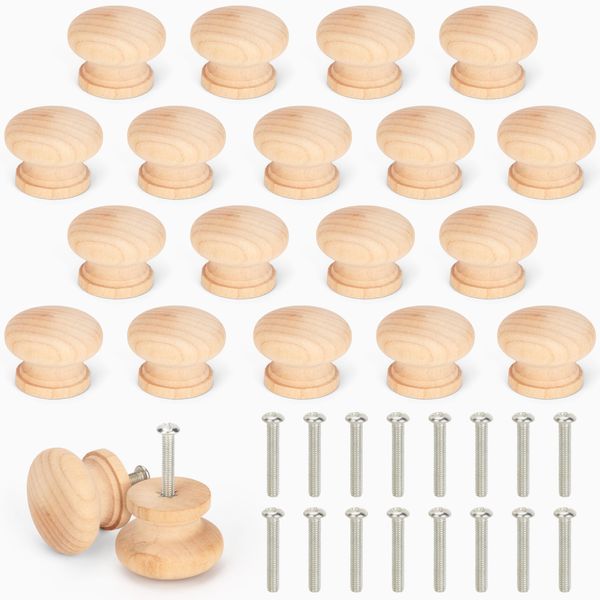 BELLE VOUS Wooden Door Knobs (20 Pack) - Natural Wood Drawer Knobs for Chest of Drawers - Wooden Door Handles/Cabinet Door Knobs - 3.4cm/1.34 Inches Wooden Handles - Door Knobs for Cupboards