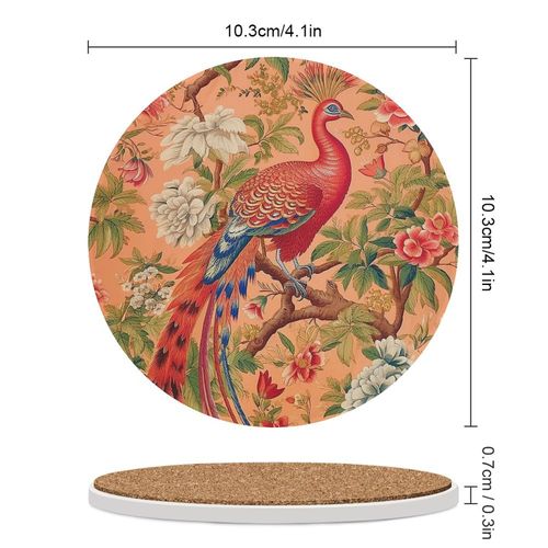 4pcs Round Drink Coasters,Manor Blush Chinoiserie Peacock Bird Floral Ceramic Absorbent Drink Coaster Set for Coffee Table, Suitable for Kinds of Cups