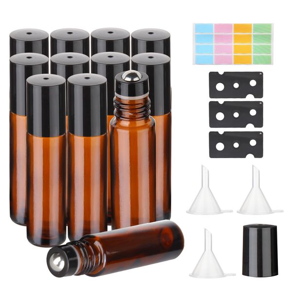 Hyber&Cara 10ml Glass Roll on Bottles, 12Pcs Essential Oils Roller Bottles with Stainless Steel Roller Balls Perfect for Fragrance, Aromatherapy (Included 3 Bottle Opener,Sticker and 3 Funnels)