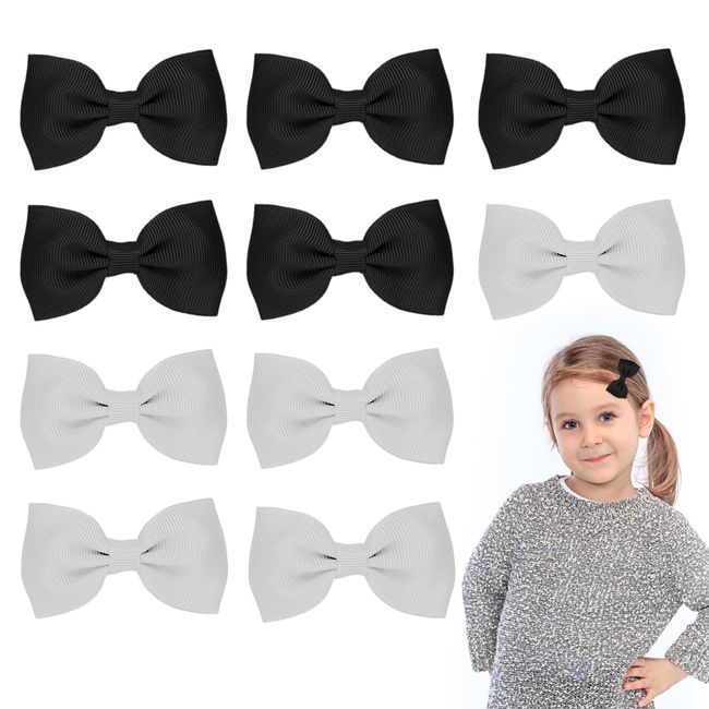 Sibba Bows Hair Fastener Clips Barrettes 10 PCS Little Small Grosgrain Ribbon Non-slip Hairpin Headpiece Headwear Girl French Bowknot Hairstyle Braids Ponytails Accessories (Black/white)