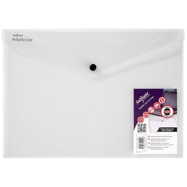 Snopake A4 Polyfile Lite Popper Wallet – Clear [Pack of 5] Ref: 15412