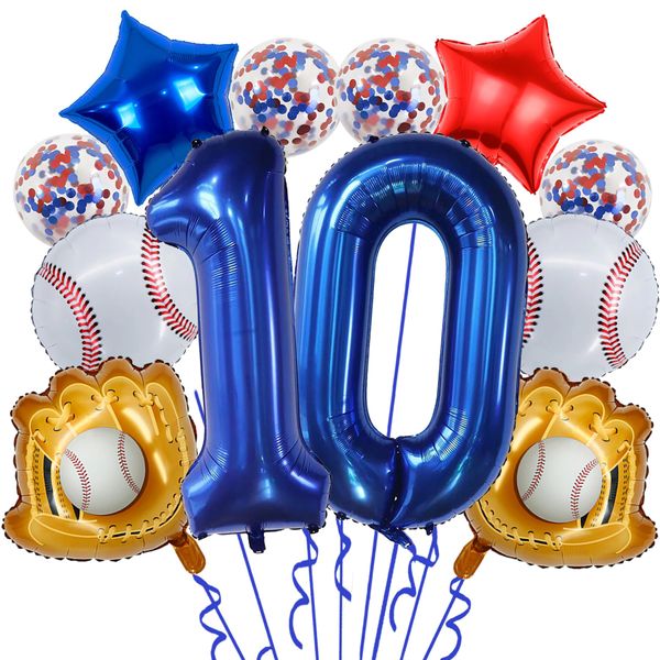 Baseball Birthday Party Balloons, 32 Inch Navy Blue Foil Number 10 Balloon, Baseball Glove Foil Balloon, Red Blue Star Confetti Balloon for 10th Birthday Sports Theme Party Supplies