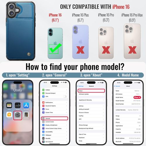 Vinich for iPhone 16 6.1" Wallet Case with Card Holder, RFID Blocking Credit Slots Kickstand Shockproof Phone Cover for Women Men, Blue