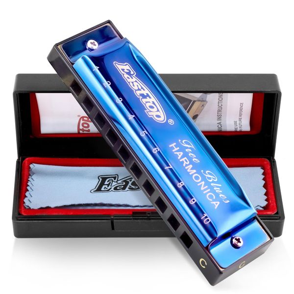 East Top Mundharmonika Blau 10 Holes Professionelles Diatonic Blues Harmonica Für professionelle Spieler, Anfänger, Studenten, Erwachsene als bestes Geschenk