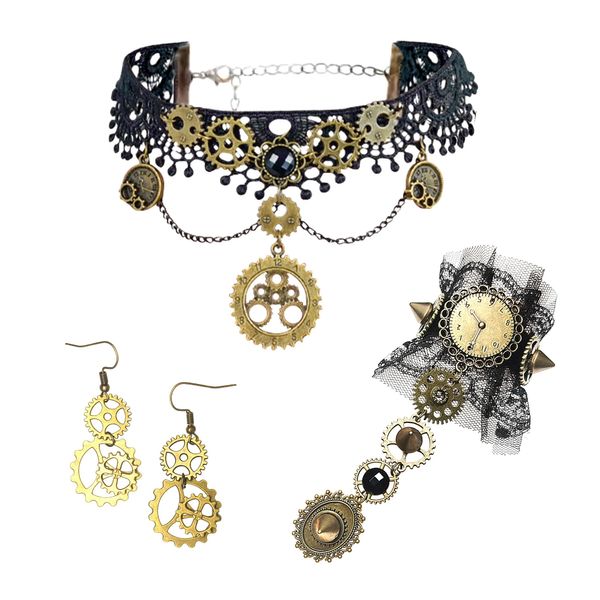 JeVenis Steampunk Accessories Women Vintage Clockwork Earrings Gloves Gothic Lace Wristband Bracelet Gear Choker Necklace Steampunk Costume