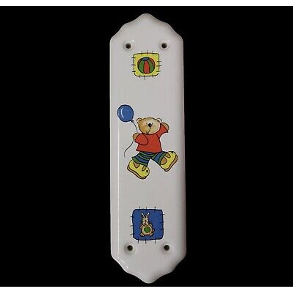 White Porcelain Fingerplate Door Push Plate 11" x 3" Teddy Bear Design