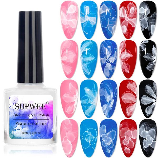 SUPWEE White Blooming Ink Nail Polish Marble Watercolor Ink Nail Painting Gel Nail Blossom Flower Nail Art Design Soak Off UV Gel Manicure DIY Nail Design At Home 10ML(0.33FL OZ)