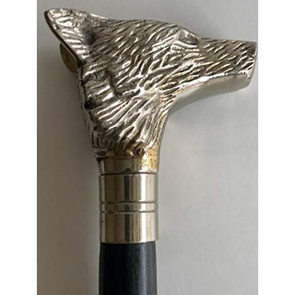 Victorian Style Brass/Wooden Walking Stick Wolf face Handle with Silver Chrome Finish