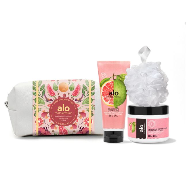 Fruits & Passion Alo Grapefruit Guava Body Care Gift Set-Shower Gel, Cream, Puff