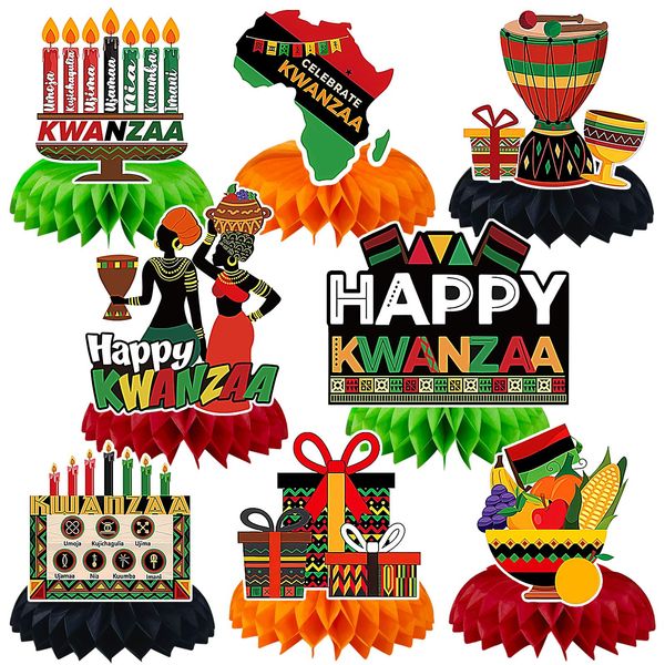 JULMELON 8PCS Kwanzaa Table Decorations Honeycomb Centerpiece, Kwanzaa Decor Traditional African Drum Candlestick Table Toppers Happy Kwanzaa Decorations for Office Home Party Favors Supplies