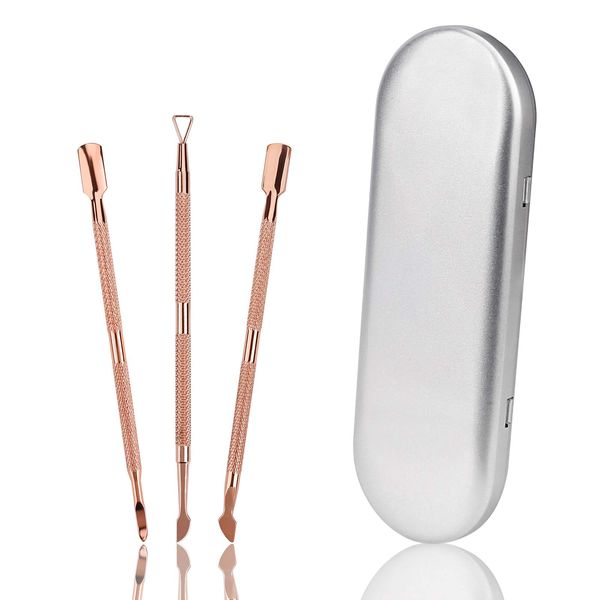 Cuticle Pusher Set Stainless Steel Double Ended Nail Gel Polish Remover Triangle Cuticle Peeler Scraper Manicure Tools for Fingernails and Toenails 3 Pieces (Rose Gold)