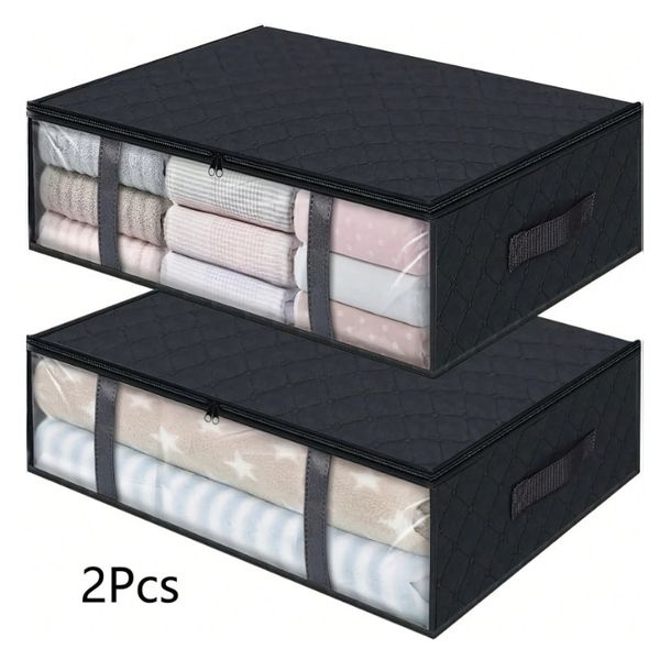 2 Pack Black Under Bed Storage Boxes Flat Organizers With Clear Window Large