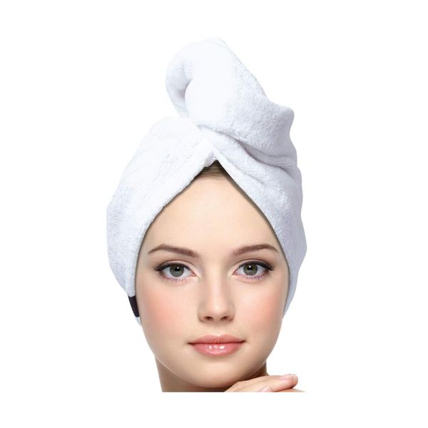 KEEPOZ Hair Towel Wrap Quick Dry 100% Cotton Super Absorbent Turban Head Wrap for Women with Button, Non Microfiber Anti Frizz Hair Products, Hair Cap for Curly, Long & Thick Hair (White, 1 Pc)