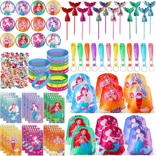 Sherr 140 Pcs Mermaid Party Favors for Kids Girls Include Mermaid Party Drawstring Bags Mermaid Silicone Bracelets Keychains Pens Stickers Spiral Notebooks for Birthday Party(128 Pcs, Mermaid)