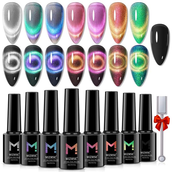 MIZHSE 9D Cat Eye Gel Nail Polish 8 Colors, Holographic Cateye Magnet Nail Polish Gel 3 Style Chameleon Cat Eye Set DIY Nail Art Manicure Kit