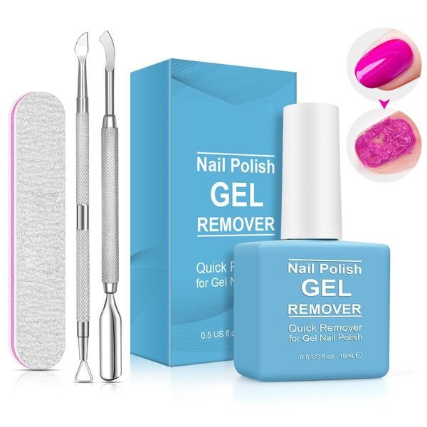 Gel Nail Polish Remover, Magic Nail Polish Gel Remover, Removes Soak-Off Gel Nail Polish In 3-5 Minutes, Quickly & Easily, No Soaking or Wrapping，Included Cuticle Pusher & Nail Fail Buffer