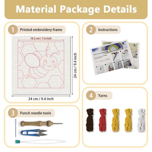 Doodlream Bee DIY Punch Needle Embroidery Kit for Adult Beginner, 9.4" Bee Honeycomb Animal Insect Punch Stitching Craft Set for Starter with Frame, Fabric Pattern, Threader, Yarn, Pinch Needle