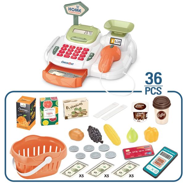 Pretend Play Cash Register Toy with Functional Caculator Cashier Scanner Toy Supermarket with Simulate Food Fruit etc Kids Grocery Store Play Money Food Shop Toy Educational Playset for Kids