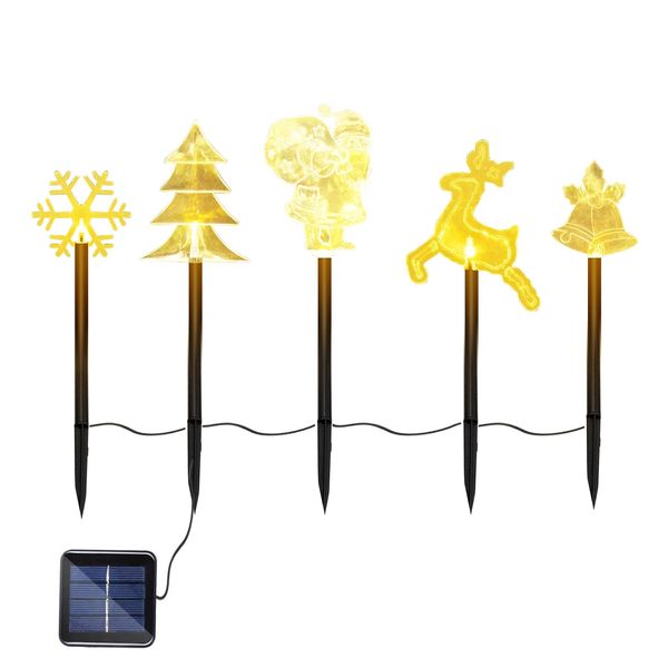 5Pcs Mixed Christmas Decoration Light Solar Stake Light Waterproof Reindeer Snowflake Bell Christmas Tree Santa Claus Light Outdoor Landscape Light - Black