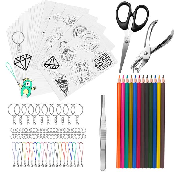 Hewolly 165 PCS Shrink Plastic Kit - 15 Shrink Plastic Films, 5 Patterned Sheets, 12 Colored Pencils, 130 Keychain Accessories, Hole Punch, Scissors, and Tweezers for Creative Art and Craft