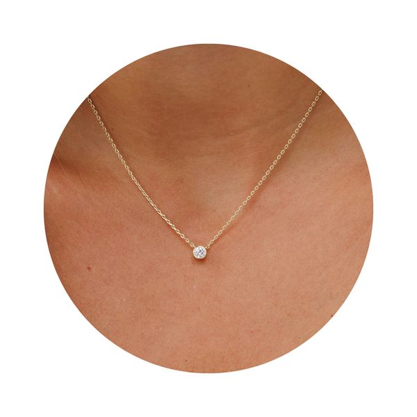 Galis Dainty Necklace - Gold Plated 15" Choker Necklace for Women with Small Round Faux Diamond Pendant, Trendy Simple Necklace for Women, CZ Diamond Solitaire Necklace for Women with Lobster Clasp