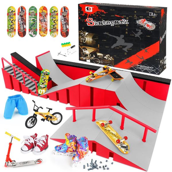 Hamino 14-in-1 Fingerboard Skate Park Ramp Kit, Finger Skateboards Toys with Skates Sports Shorts Tool Kit, Mini Fingerskateboards Training Props Interactive Freestyle Skate Game for Kids Adults