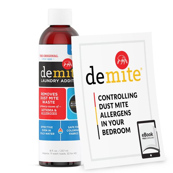 DeMite Laundry Additive - Dust Mite Waste Remover for Allergy Relief, Treatment for Bedding & Clothes, Safe for Children & Pets, Fragrance-Free Gentle Formula, Use with Any Laundry Detergent, 8 fl oz