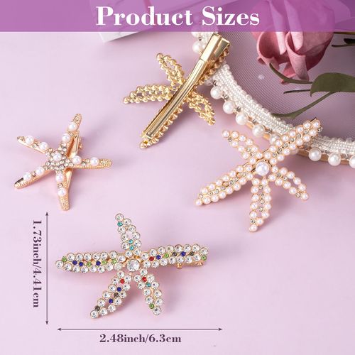 PAGOW 4 Pieces Starfish Hair Clips, Gold Rhinestone Pearls Crystal Hair Clips, Sea Star Ponytail Holder, Faux Pearl Crystal Wedding Headpiece Hair Accessories For Women, Girls, Bride (1.73x2.48 Inch)