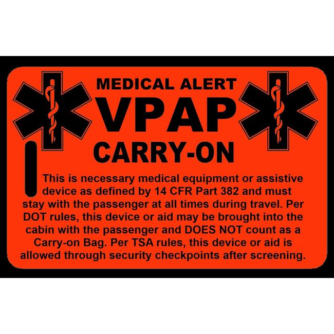 Hi-Viz Orange Carry-On VPAP  Bag Tag - TSA - Sleep Apnea