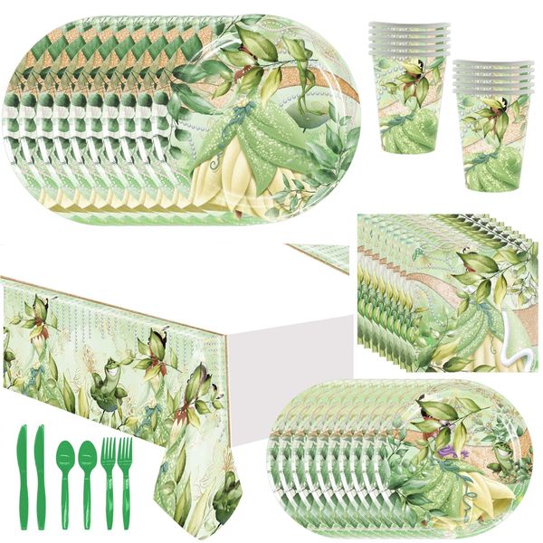 Princess Birthday Party Tableware Set,including Dinner Plates,Napkins,Paper Cups,Forks, Knifes,Spoons,Tablecloth for Girls Frog Theme Birthday Party Decorations Tableware Supplies