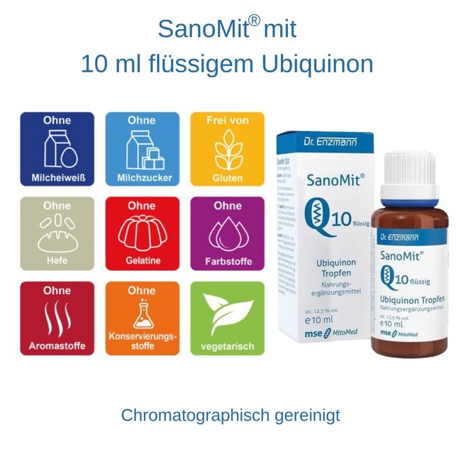 SanoMit Q10 fluid Ubiquinon Tropfen 10ml rein vegan & hochdosiert, liposomal Coenzym Kaneka Q10, wirksamer als Kps & Pulver zur Unterstützung des Nerven & Immunsystem, mse Pharmazeutika Dr Enzmann