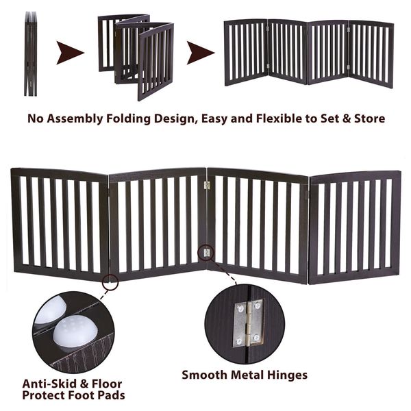 Wooden Dog Gate Pet Fence 24"H Pet Playpen 4 Panel Folding Free Standing Coffee