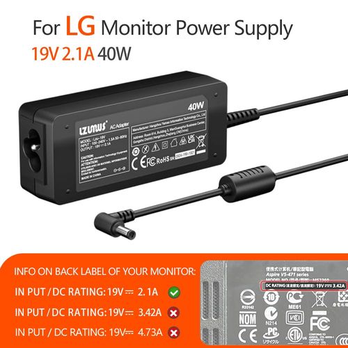LZUMWS 19V 2.1A 40W AC Adapter for LG Monitor Power Cord Compatible with Select LG 19-32 Inch LED LCD Displays Replacement Power Supply for Ultrawide Monitor Models