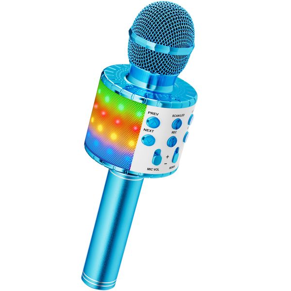 Ankuka Karaoke Wireless Microphone, 4 in 1 Handheld Bluetooth Microphones Speaker Karaoke Machine with Dancing LED Lights, Home KTV Player Compatible with Android & iOS Devices, Blue