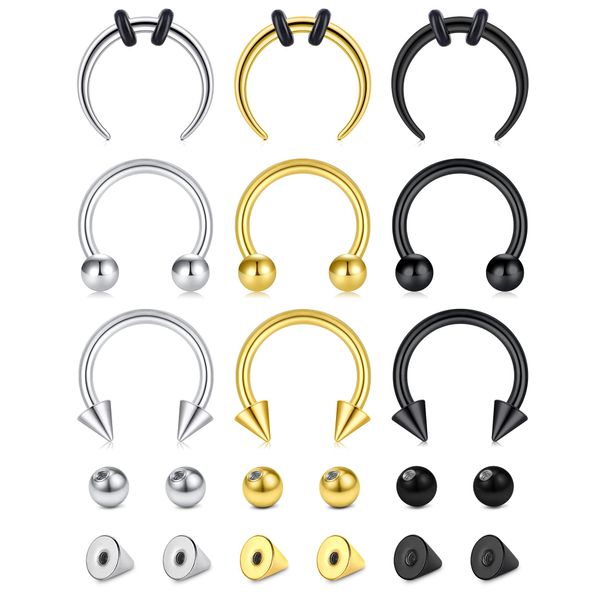 Longita 16G 10MM Horseshoe Piercing Septum Rings for Women Stainless Steel Septum Nose Ring Helix Hoop Cartilage Earrings with Replacement Balls & Spike