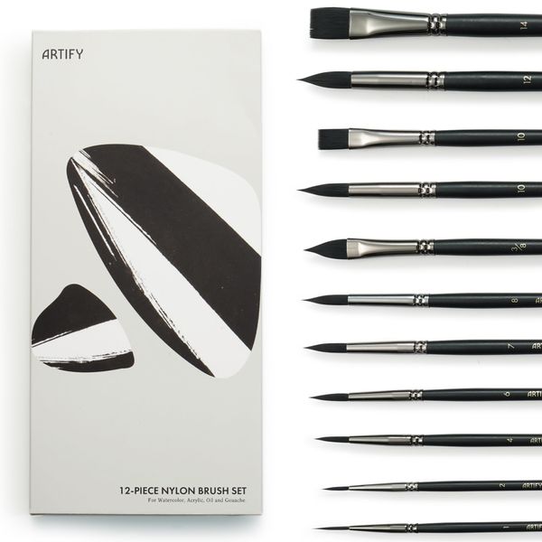 ARTIFY Aquarell Pinsel Set-12 Pcs weiche synthetische Nylonbürsten für Aquarell, Acryl, Gouache Ölgemälde, beinhaltet Spitze Runde, flach, Katzenzunge, Zwischenserie