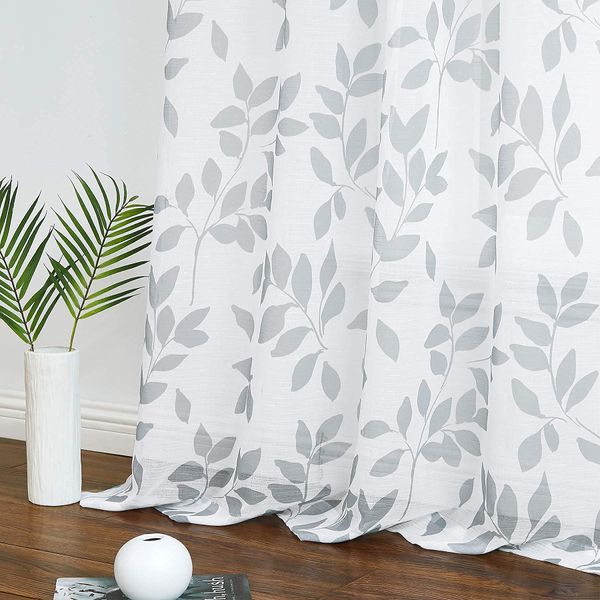 White Grey Leaf Sheer Curtains for Kids Bedroom 50 x 54 Inch Semi-Sheer Print Leaves Pattern Voile Curtains Eyelet Rustic Light Filtering Airy Linen Textured Ring Top Drapes for Basement Kitchen, 2pcs