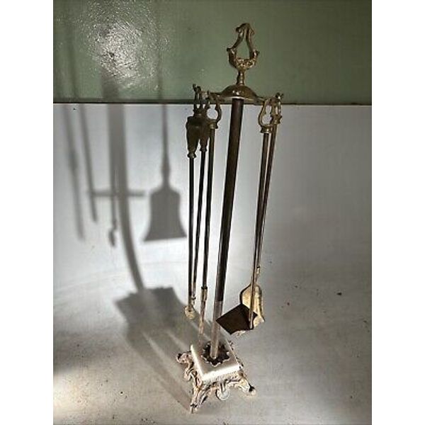 Vintage Bronze Casted Brass  METAL CRAFT BRASS 3 PC FIREPLACE TOOL Stand Marble