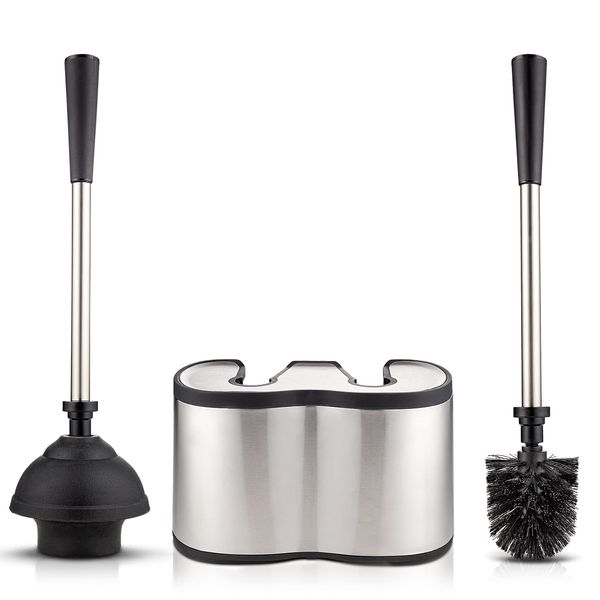 UMIEN™ Toilet Brush and Plunger Set - Stainless Steel Plunger and Toilet Brush Combo with Freestanding Canister - Modern and Sleek Bathroom Cleaning Accessories