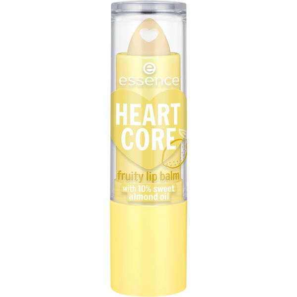 essence HEART CORE fruity lip balm, Lippenbalsam, Nr. 04 Lucky Lemon, gelb, pflegend, mit Ölen, glättend, sofortiges Ergebnis, natürlich, glänzend, vegan, ohne Alkohol, ohne Parabene (3g)